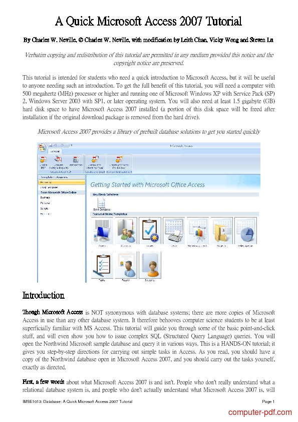 Pdf A Quick Microsoft Access 07 Free Tutorial For Beginners