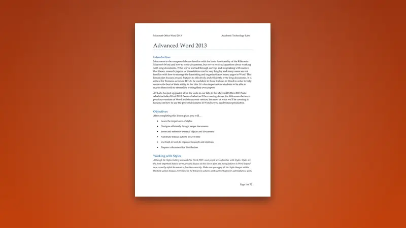 Advanced Word 2013 PDF: Managing Long Documents — PDF cover