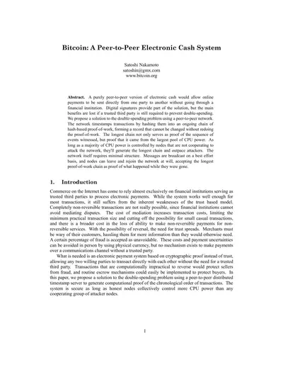 Bitcoin: A Peer-to-Peer Electronic Cash System — free PDF cover