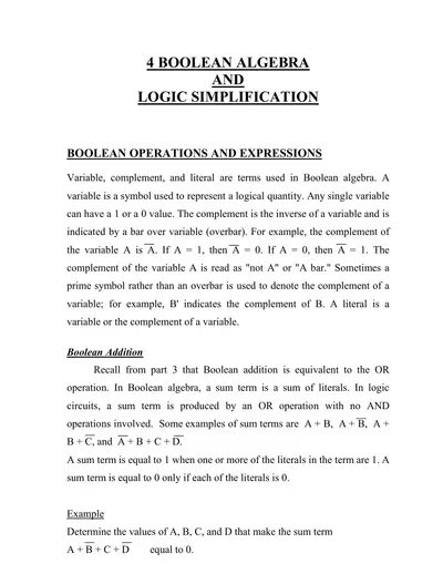 Boolean Algebra And Logic Simplification — free PDF cover