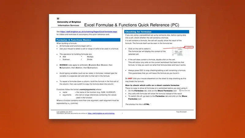 Excel Formula & Functions Quick Reference — Free PDF — PDF cover