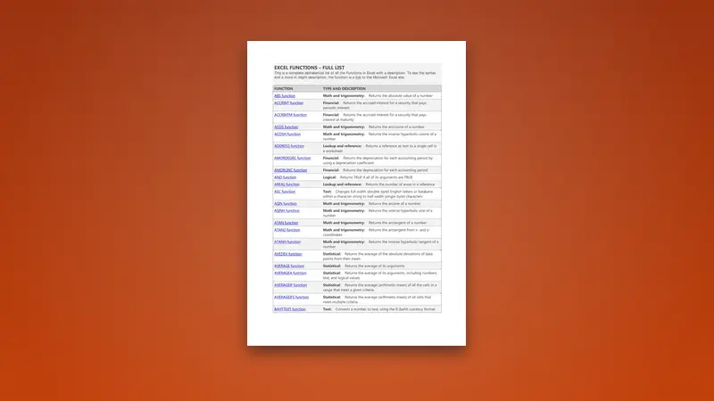 Excel Functions Full List PDF — Complete Reference — PDF cover
