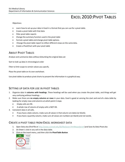 Cover of the Microsoft Excel - Pivot Table PDF