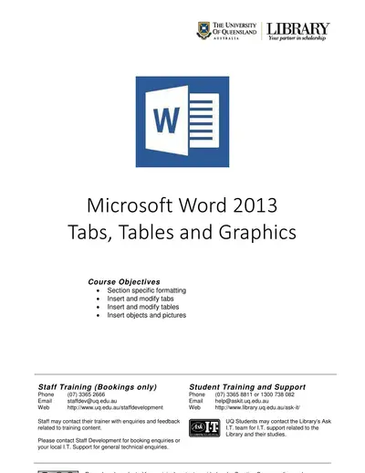 Microsoft Word 2013 Tabs, Tables and Graphics — free PDF cover