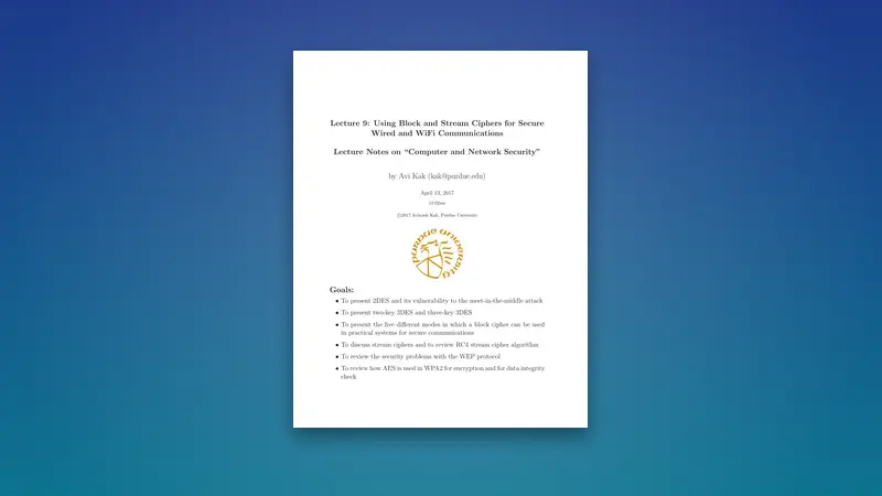Secure Wired and WiFi Communications PDF: Block & Stream Cipher — PDF cover