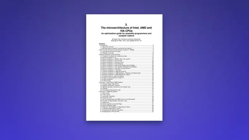 The microarchitecture of Intel, AMD and VIA CPUs — Free PDF — PDF cover
