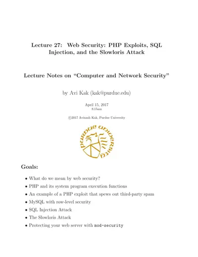 Cover of the Web Security: PHP Exploits, SQL Injection, and the Slowloris Attack PDF